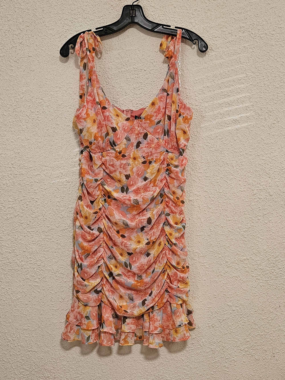 Lily Rose Pink Peach Floral Ruched Tie-Shoulder Mini Dress